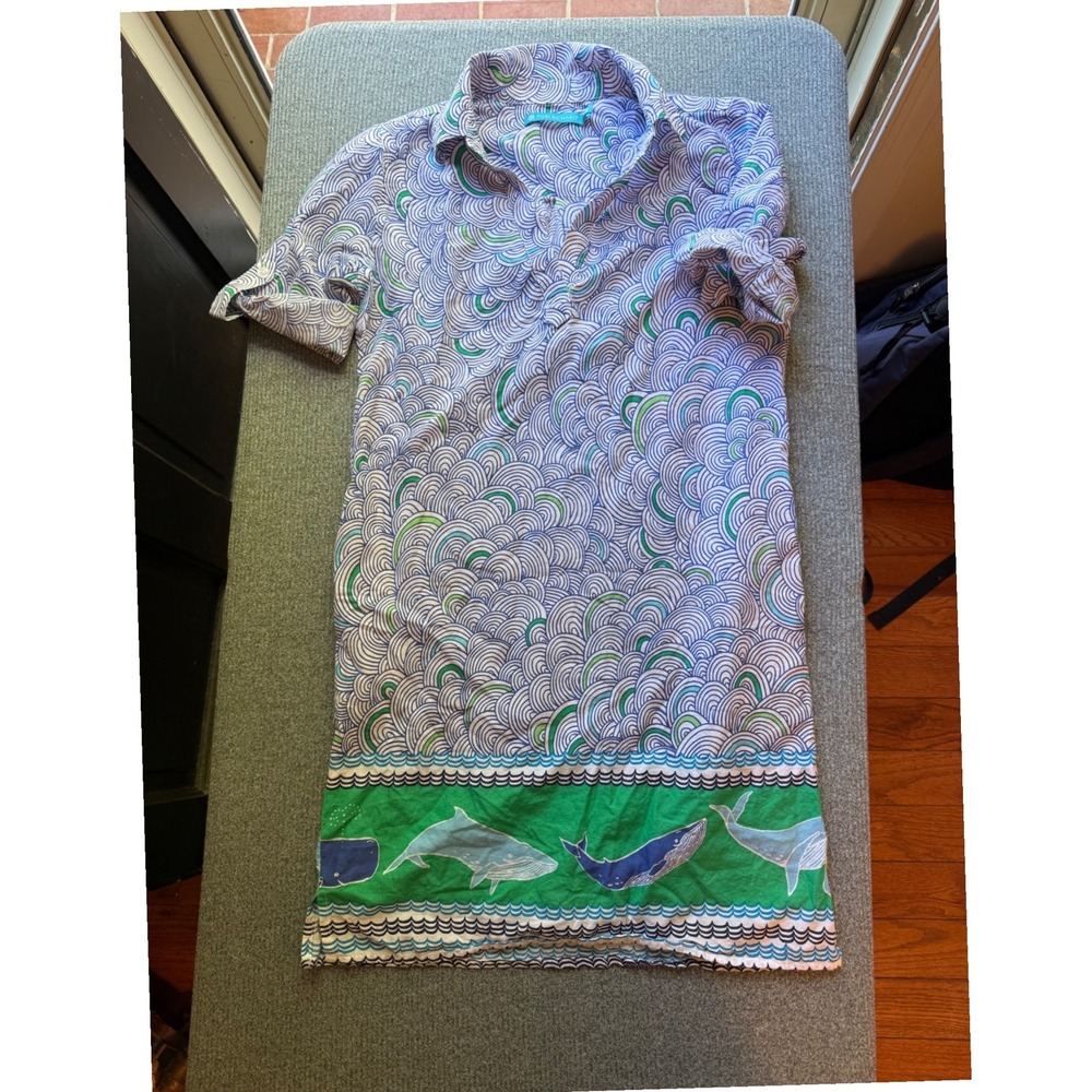 Tori Richard Womens XS Blue Green Whale Wave Print Cotton Dress